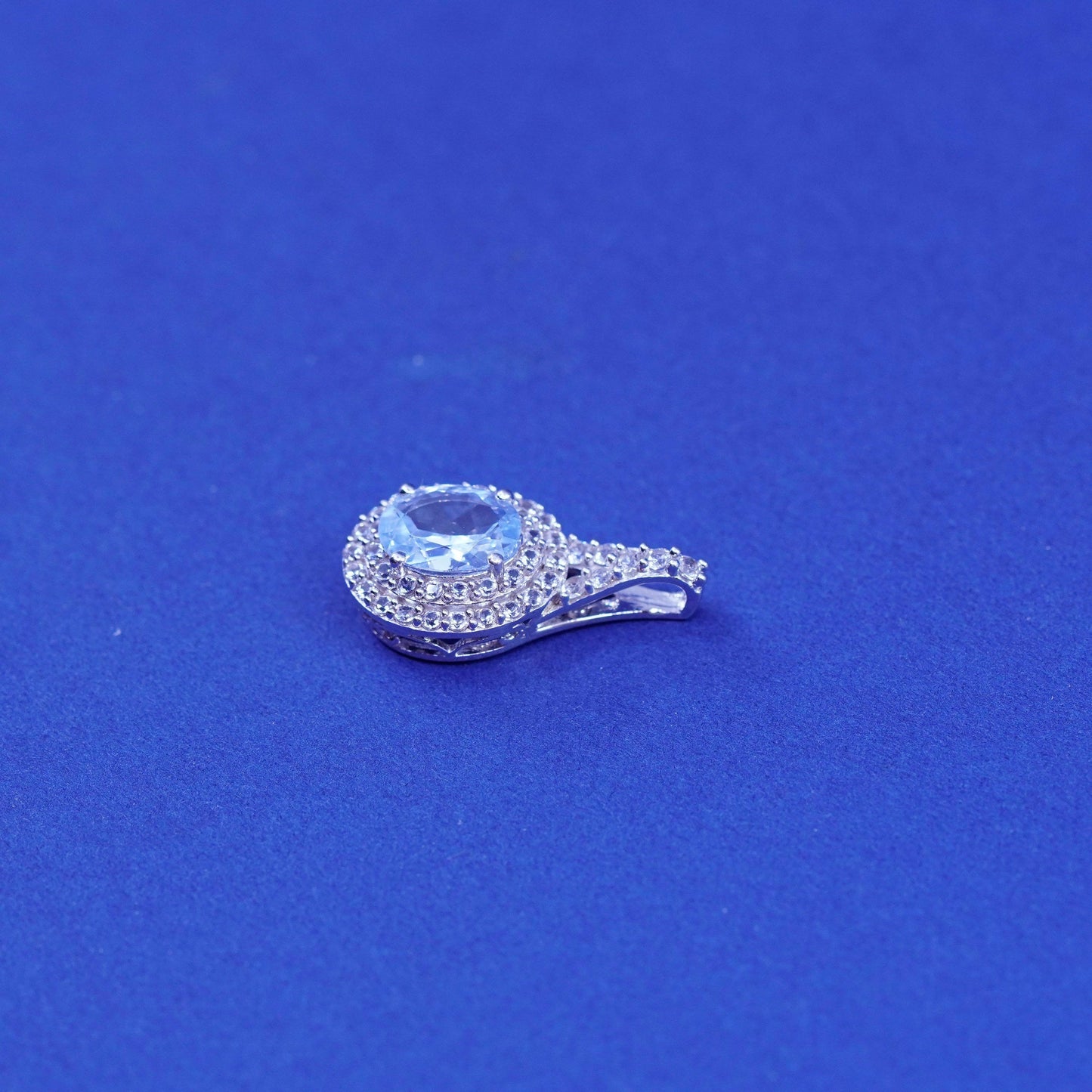 Vintage sterling 925 silver handmade pendant with blue topaz and cz