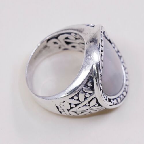 Sz 7.5, Vtg CNA Indonesia Sterling Silver Handmade Cocktail Ring w/ Mop N Bali