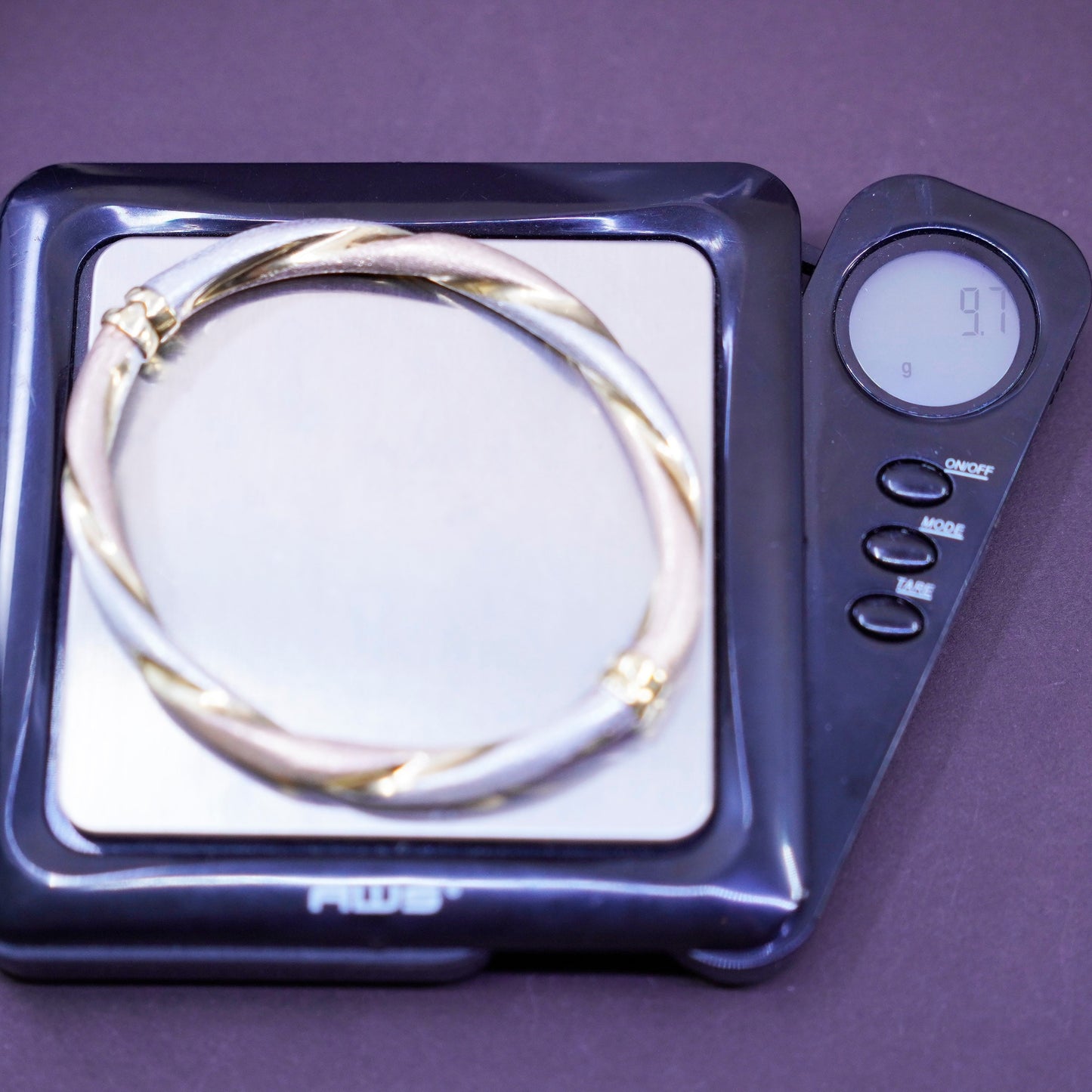7.25”, triple tone gold over Sterling silver bracelet, matte 925 twisted bangle