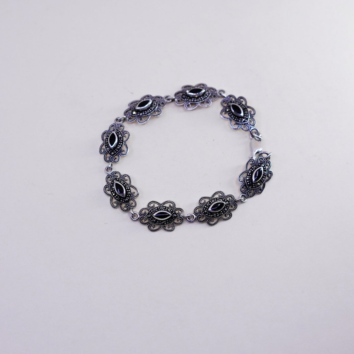 7.5”, sterling 925 silver handmade tennis bracelet w/ obsidian and marcasite