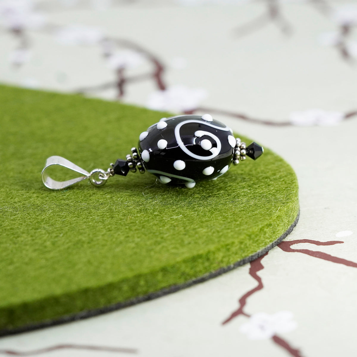 Vintage Sterling silver handmade pendant, 925 charm with black glass beads