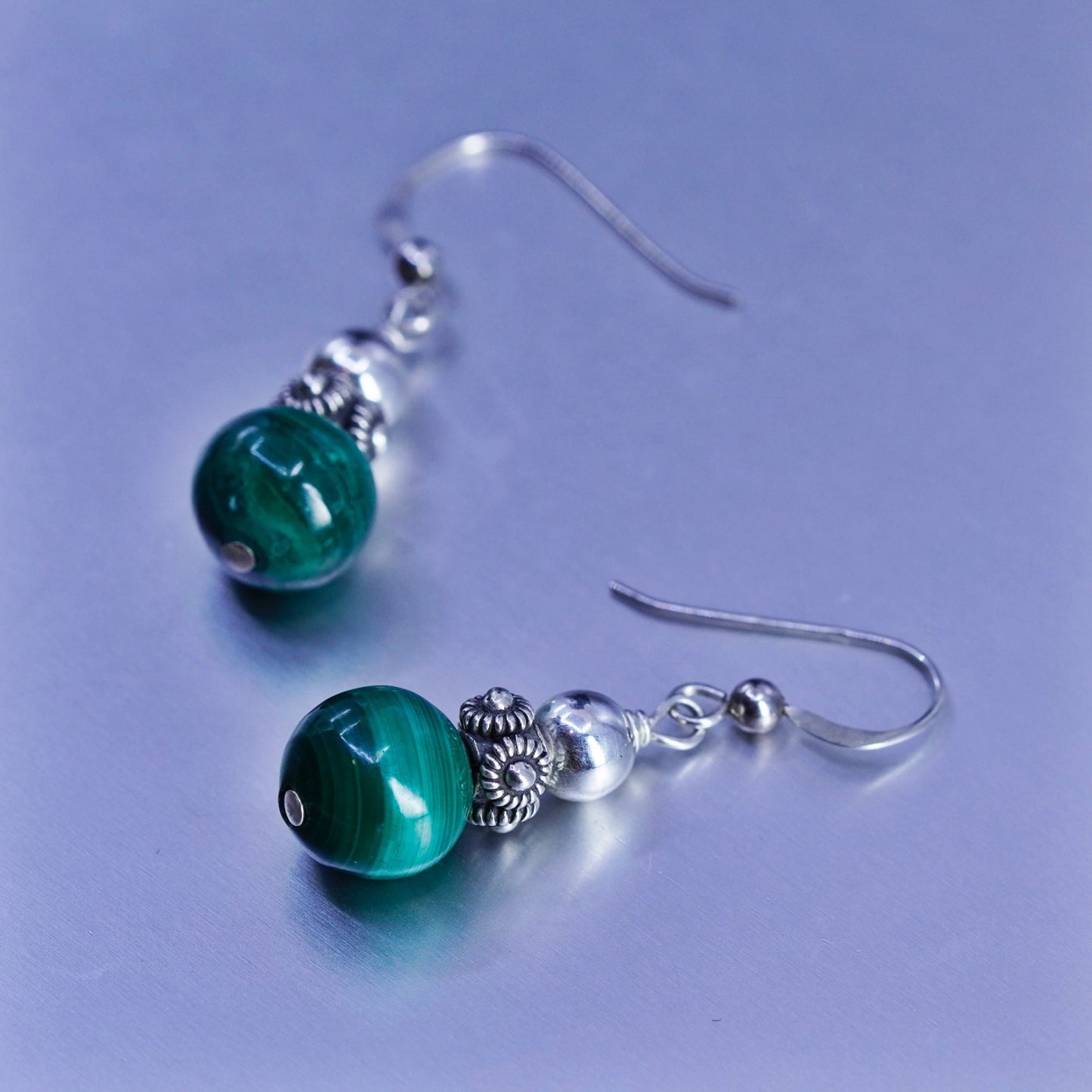Vintage Sterling 925 silver handmade earrings with malachite beads and flowers