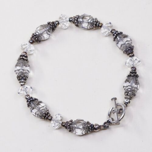 6.5”, Vtg Sterling Silver Handmade Bracelet 925 Bali W/ Swarovski Crystal Beads