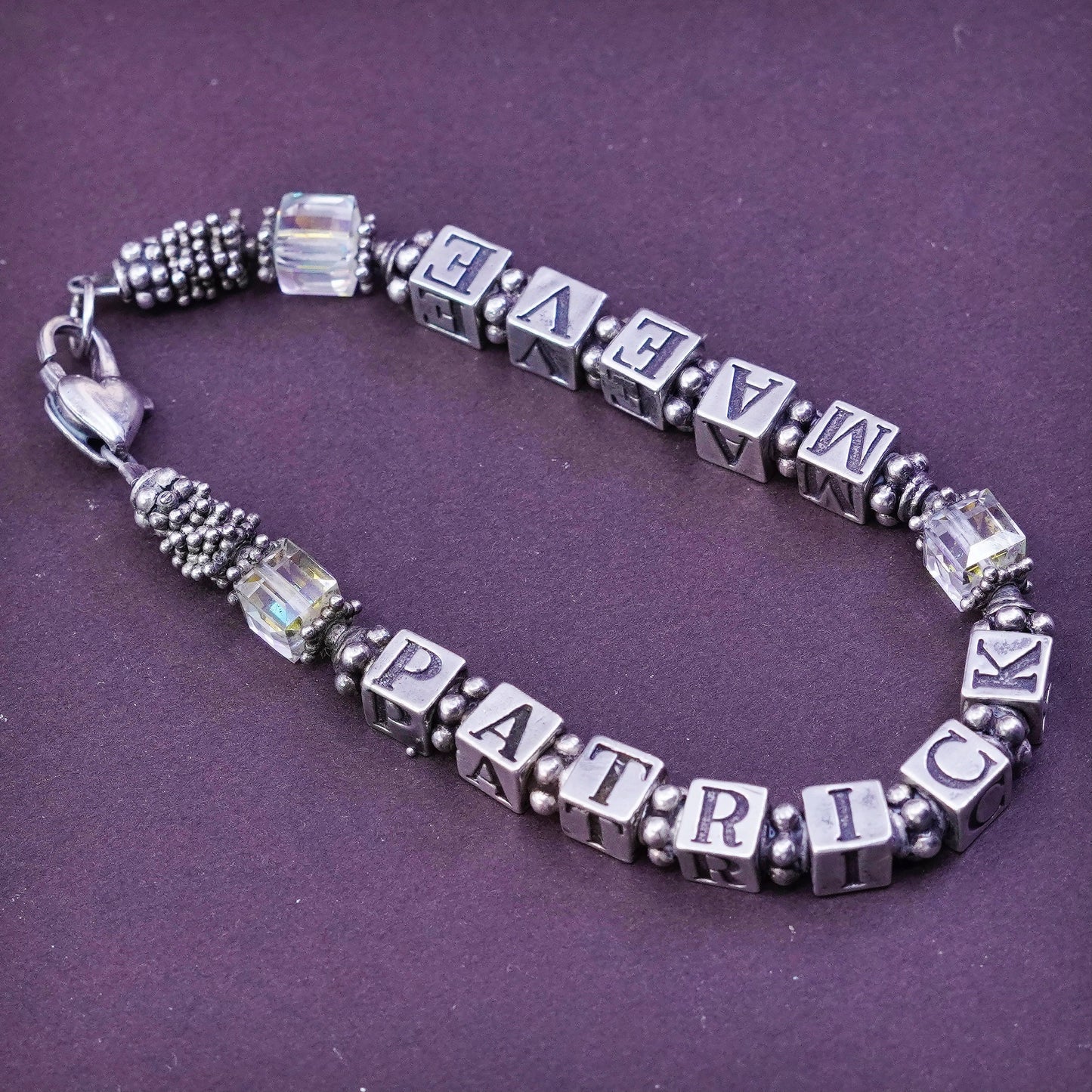 6.5”, Sterling 925 silver handmade bracelet cz beads name Patrick Maeve cubes