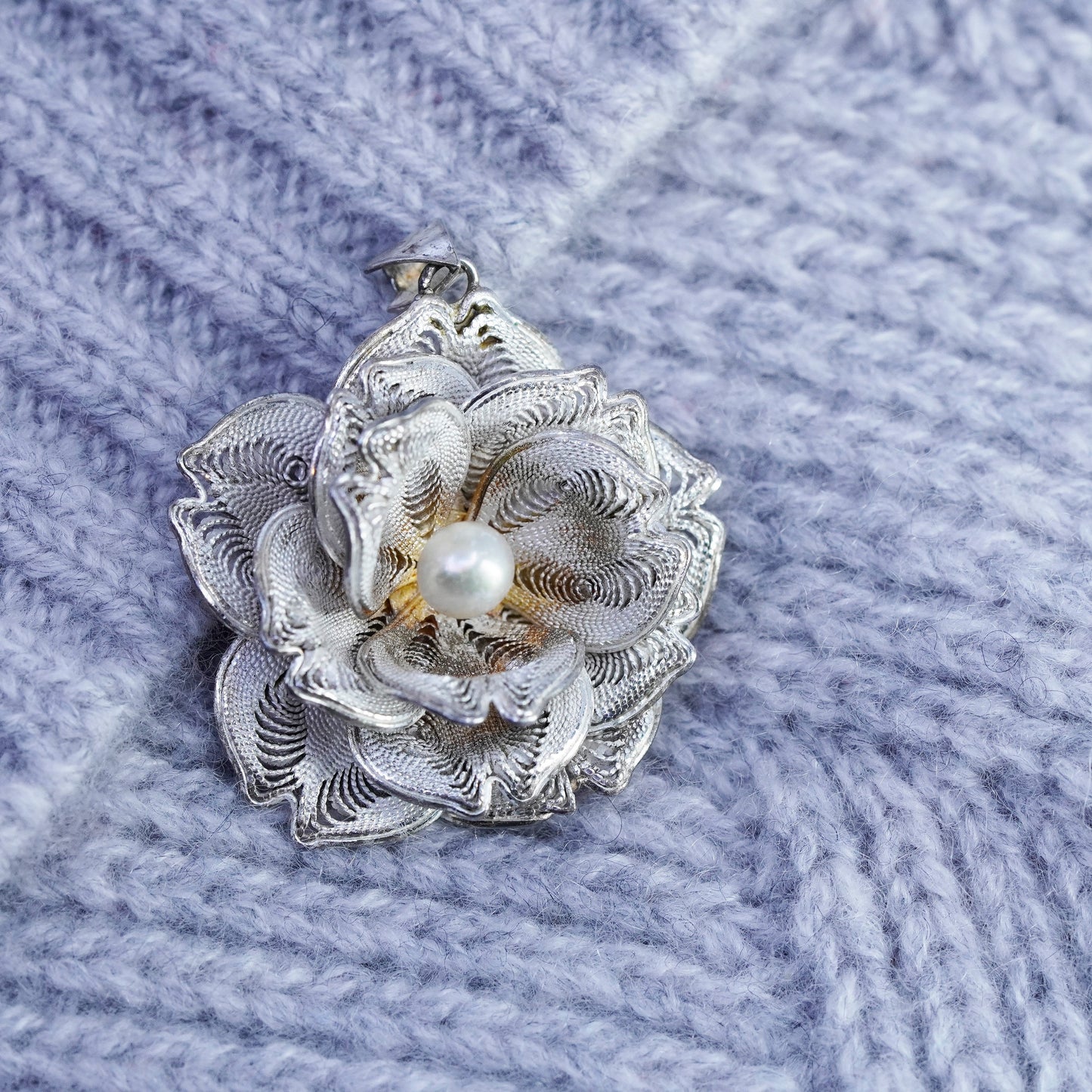 antique sterling 925 silver filigree rose flower pendant charm with pearl