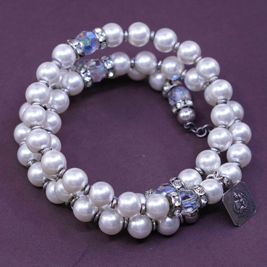 7" pearl beads wrap bangle bracelet with sterling 925 silver Jesus charm