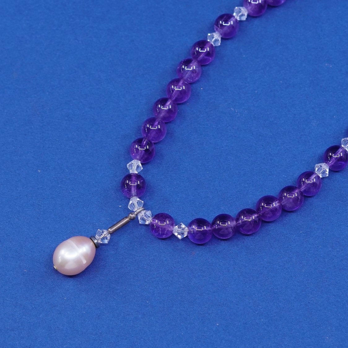 18”, Sterling silver necklace, 925 circle chain w/ amethyst beads pearl pendant