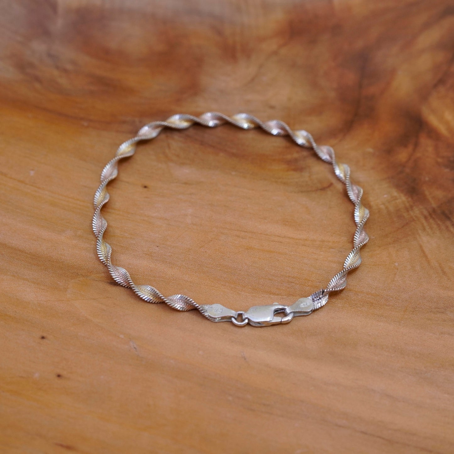 7.75”, vintage vermeil gold Sterling 925 silver twisted herringbone bracelet