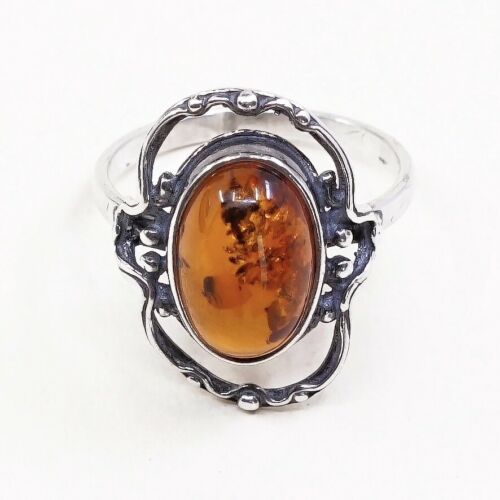 Sz 6.75, Orangle Amber Cabochon Sterling 925 Silver Handmade Ring