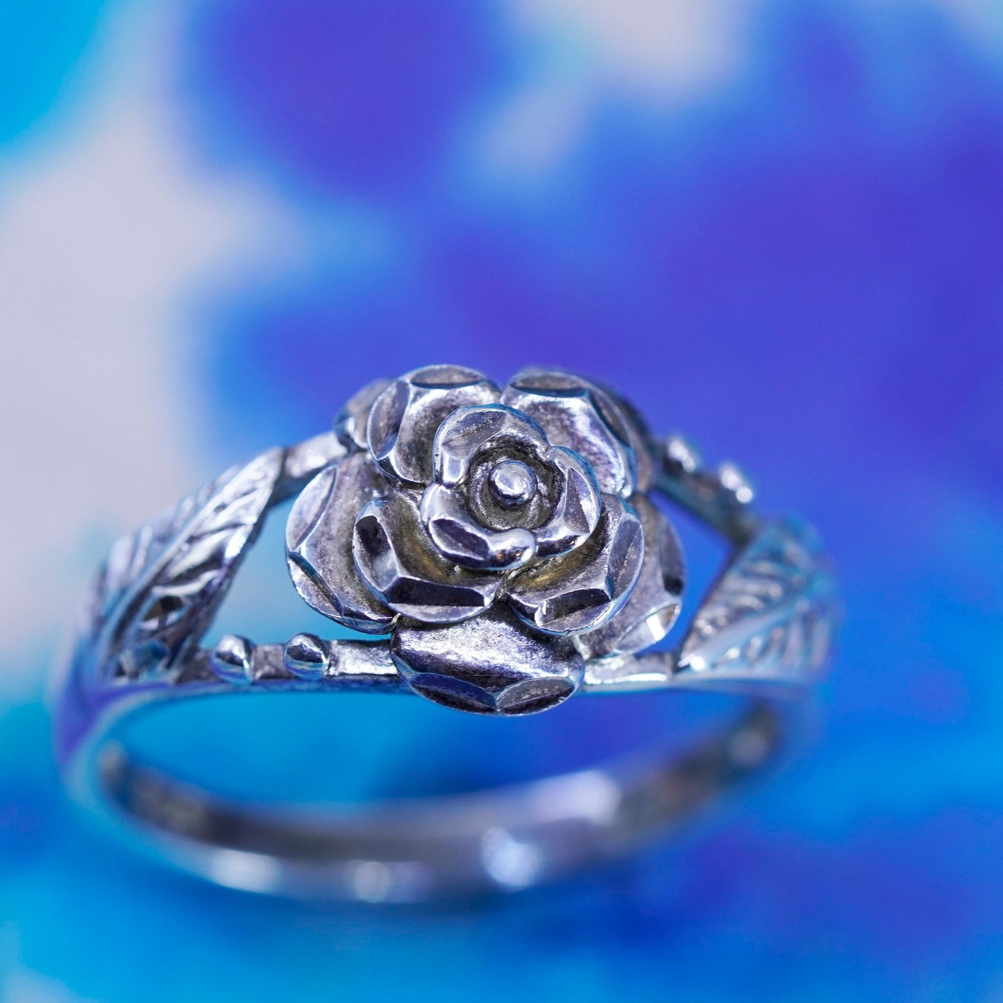 Size 7, vintage Sterling silver handmade ring, 925 rose flower leaves