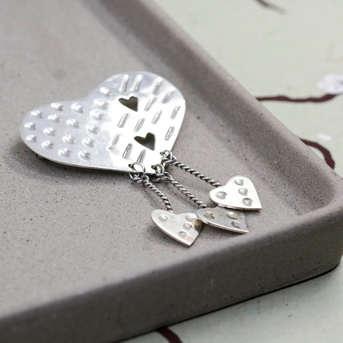 Vintage Mexico Sterling silver handmade brooch, 925 heart pin with dangles