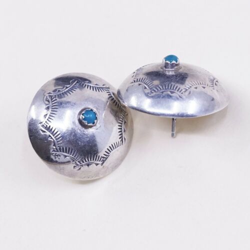 Vintage Sterling Silver Handmade Earrings, Navajo 925 Button Studs W/ Turquoise