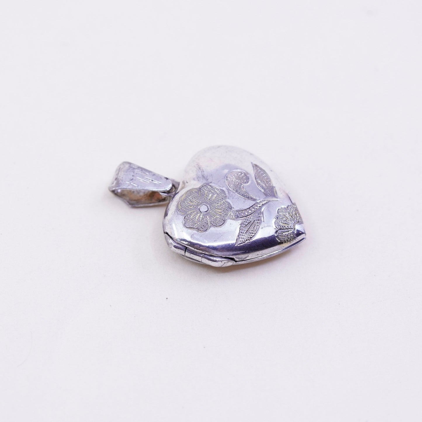 Vintage sterling silver photo locket charm pendant, flower textured 925 heart
