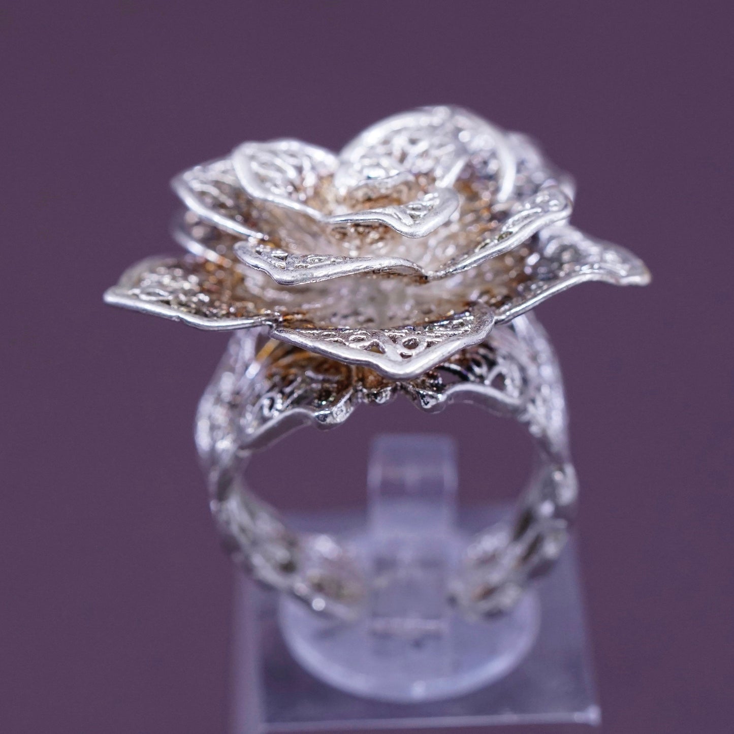 sz adjustable, vtg Sterling silver handmade cocktail ring, 925 filigree flower