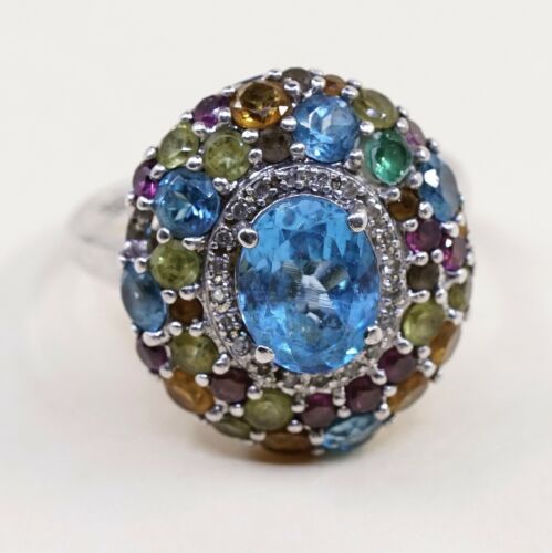 Sz 7.5, Vtg Sterling silver Engagement ring, 925 W/ Colorful Cluster Crystal
