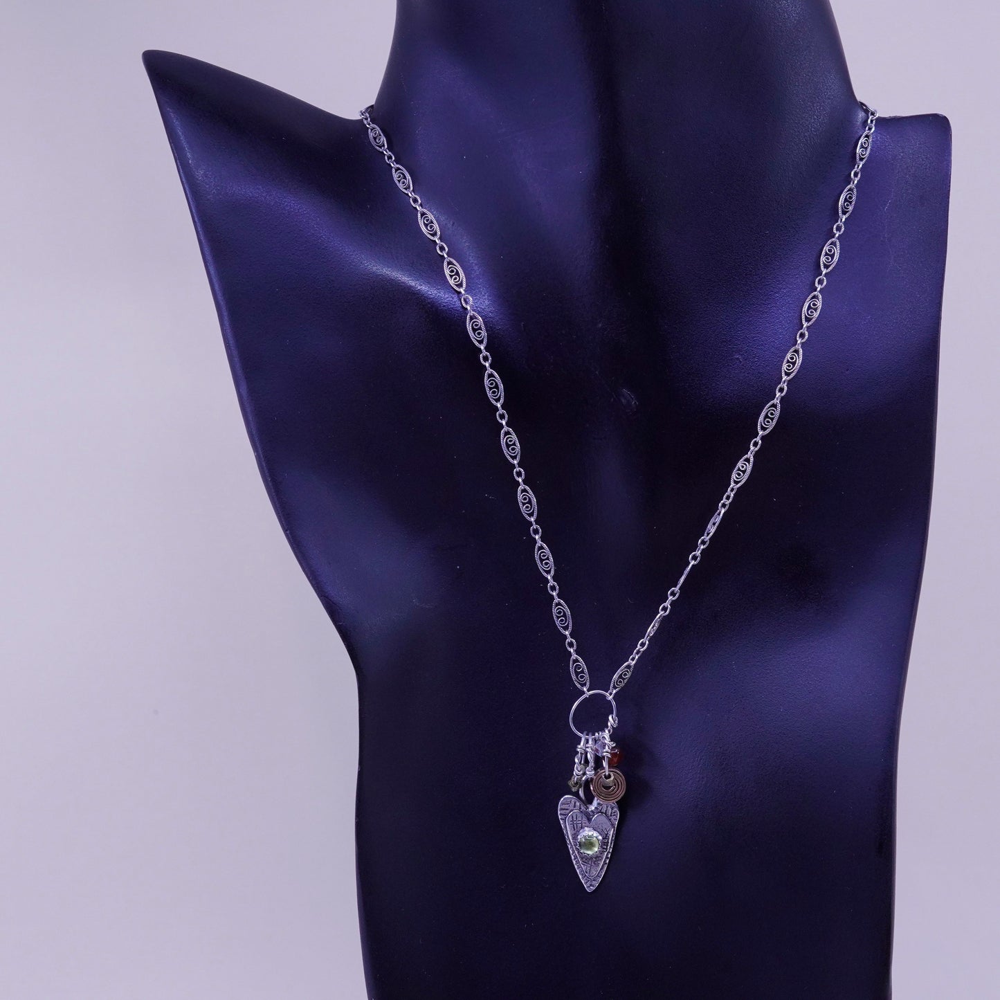 16”, Artisan Roggio sterling silver necklace 925 filigree peridot heart Pendant