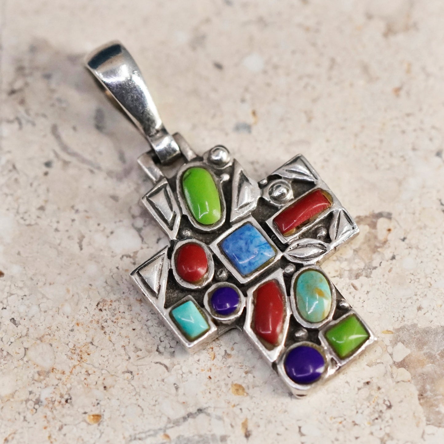 Vintage Sterling silver handmade pendant, 925 gemstone beads cross