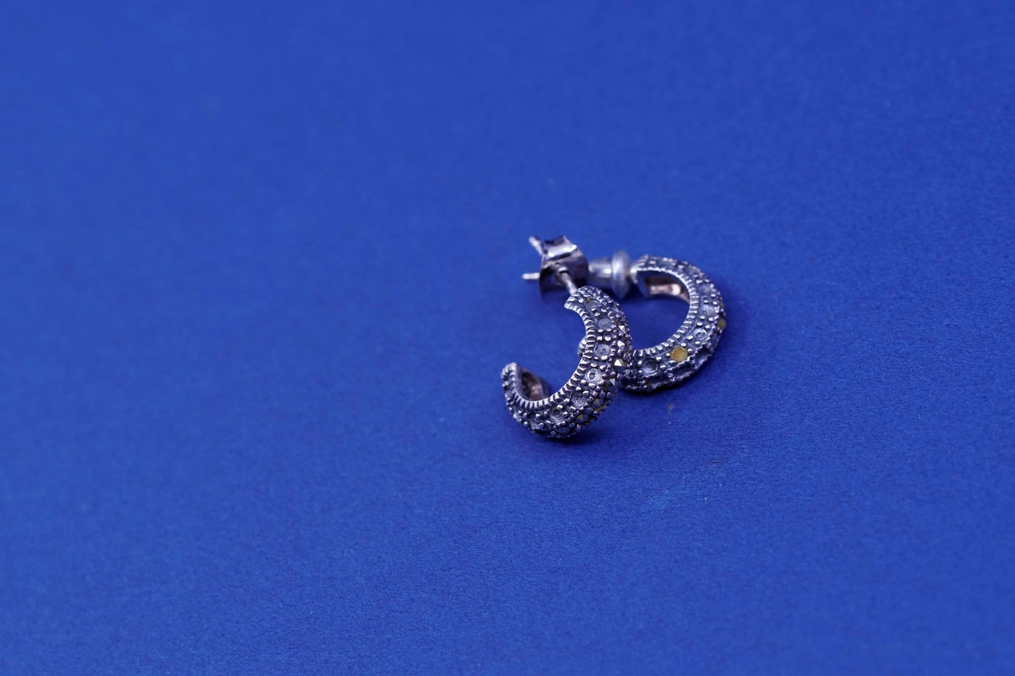 0.5”, Sterling silver handmade earrings, 925 hoops w/ marcasite details, huggie
