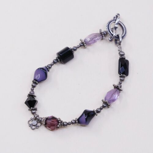 6.5”, Vtg Handmade Gemstone Nugget Bracelet W/ Silver Tone Toggle Closure
