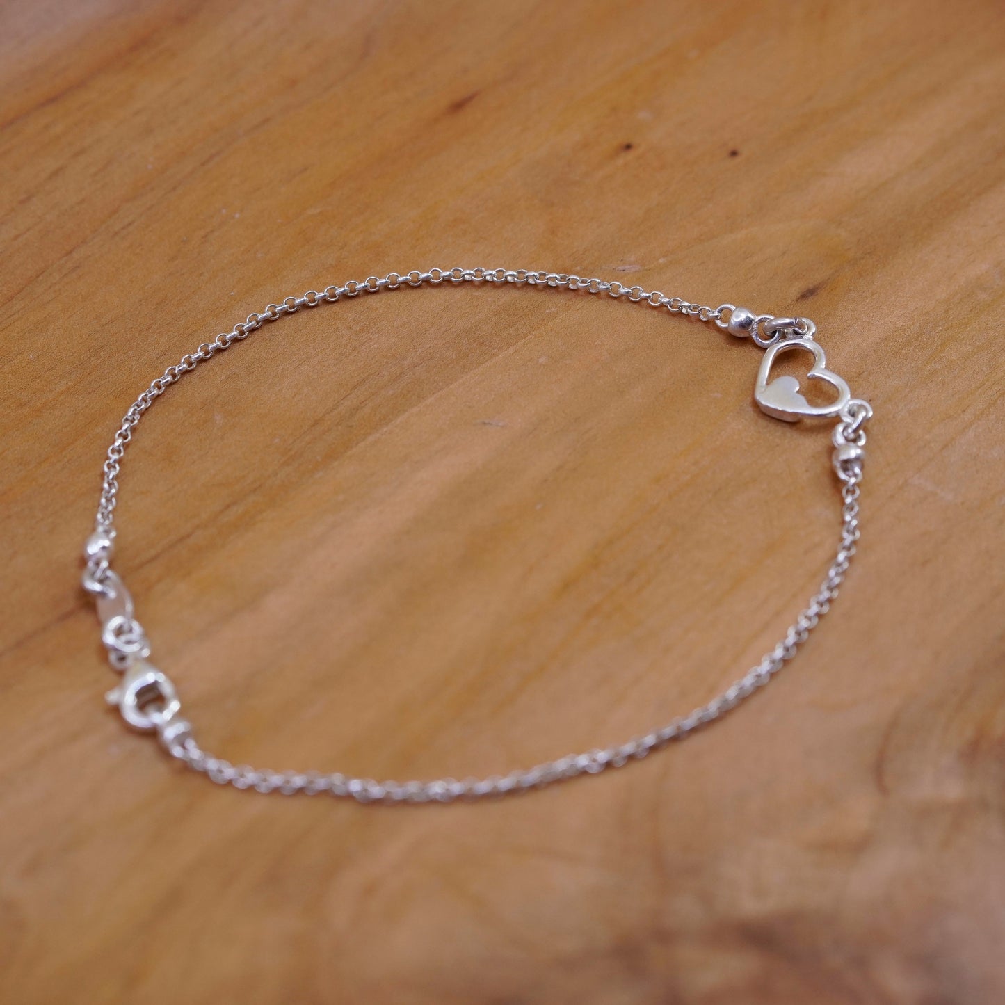 8.75”, vintage Sterling 925 silver handmade circle bracelet anklet heart charm