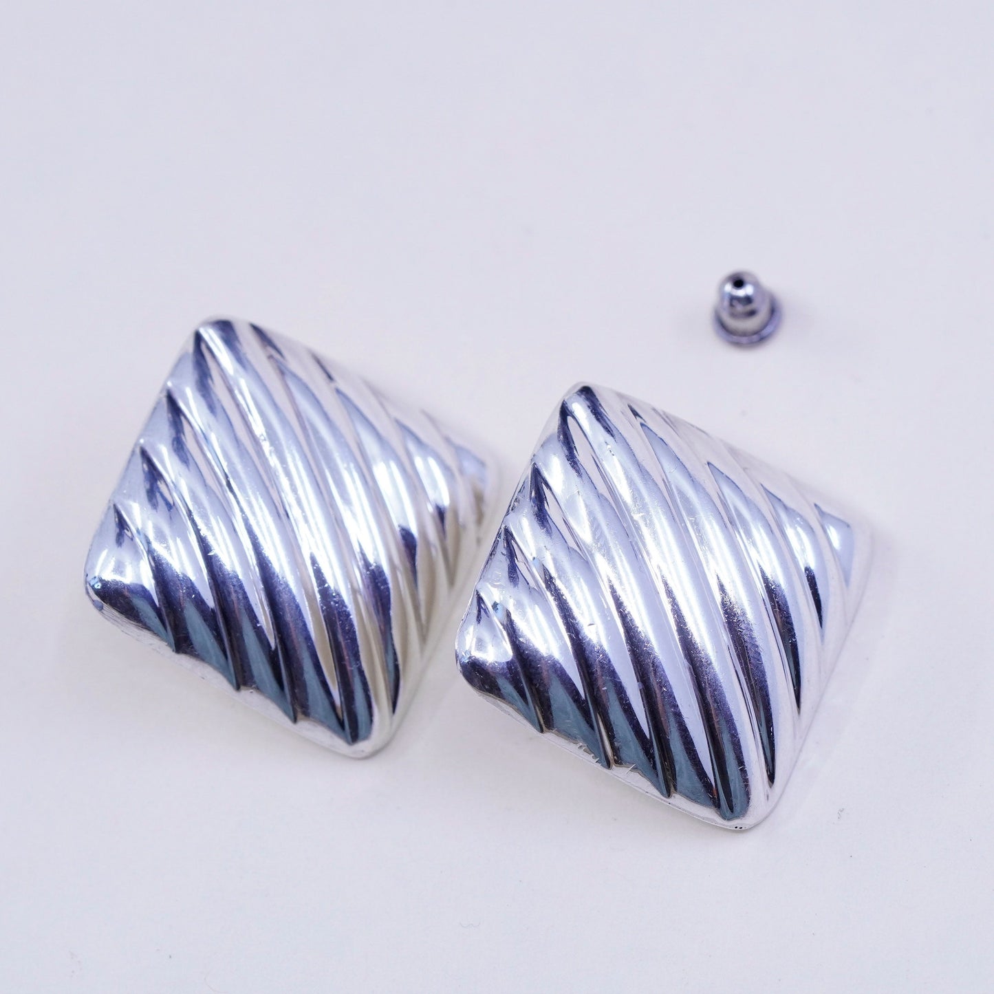 Vintage Modernist Ribbed Sterling silver Earrings, 925 origami studs