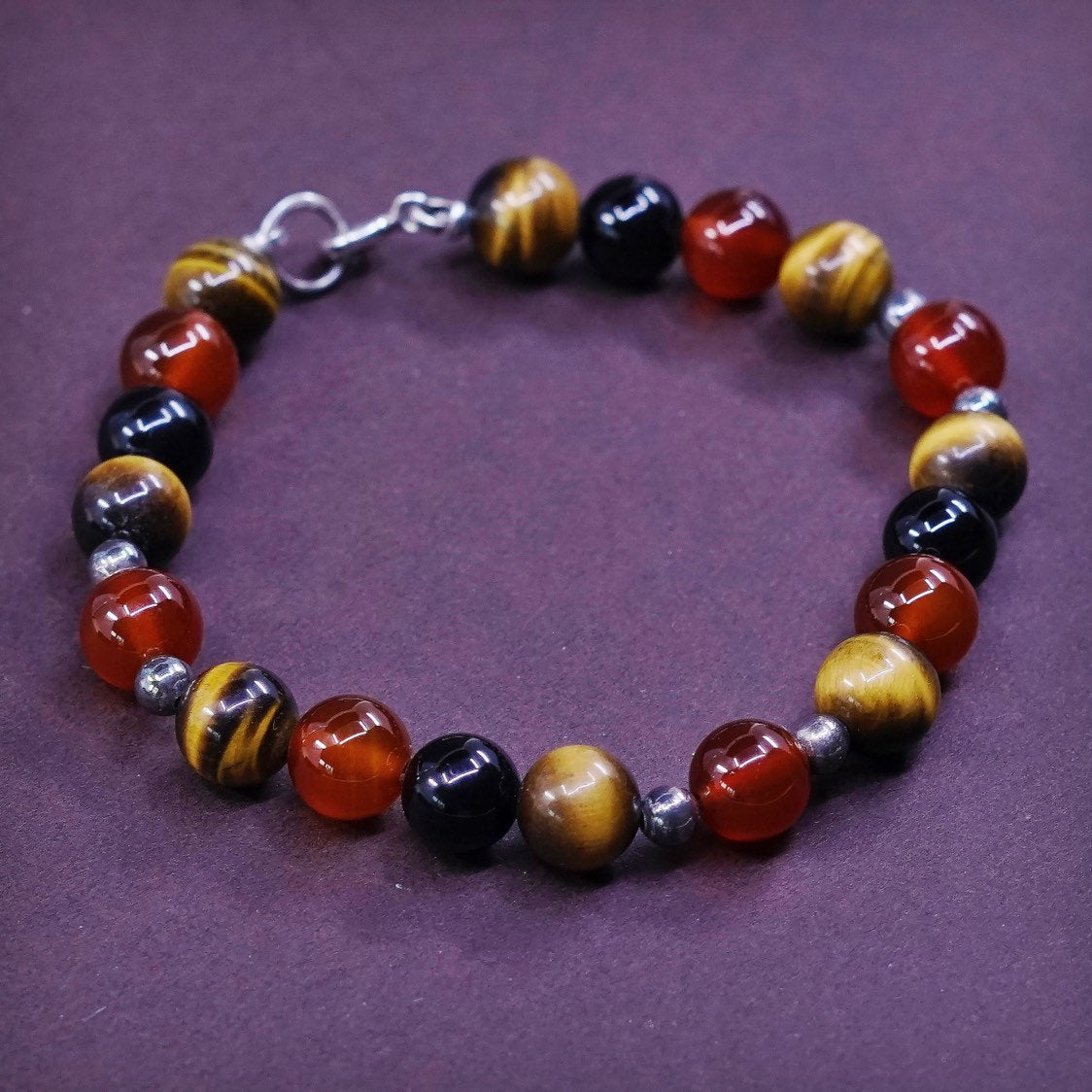 7", vtg Sterling 925 silver handmade bracelet Golden tiger eye Carnelian obsidia