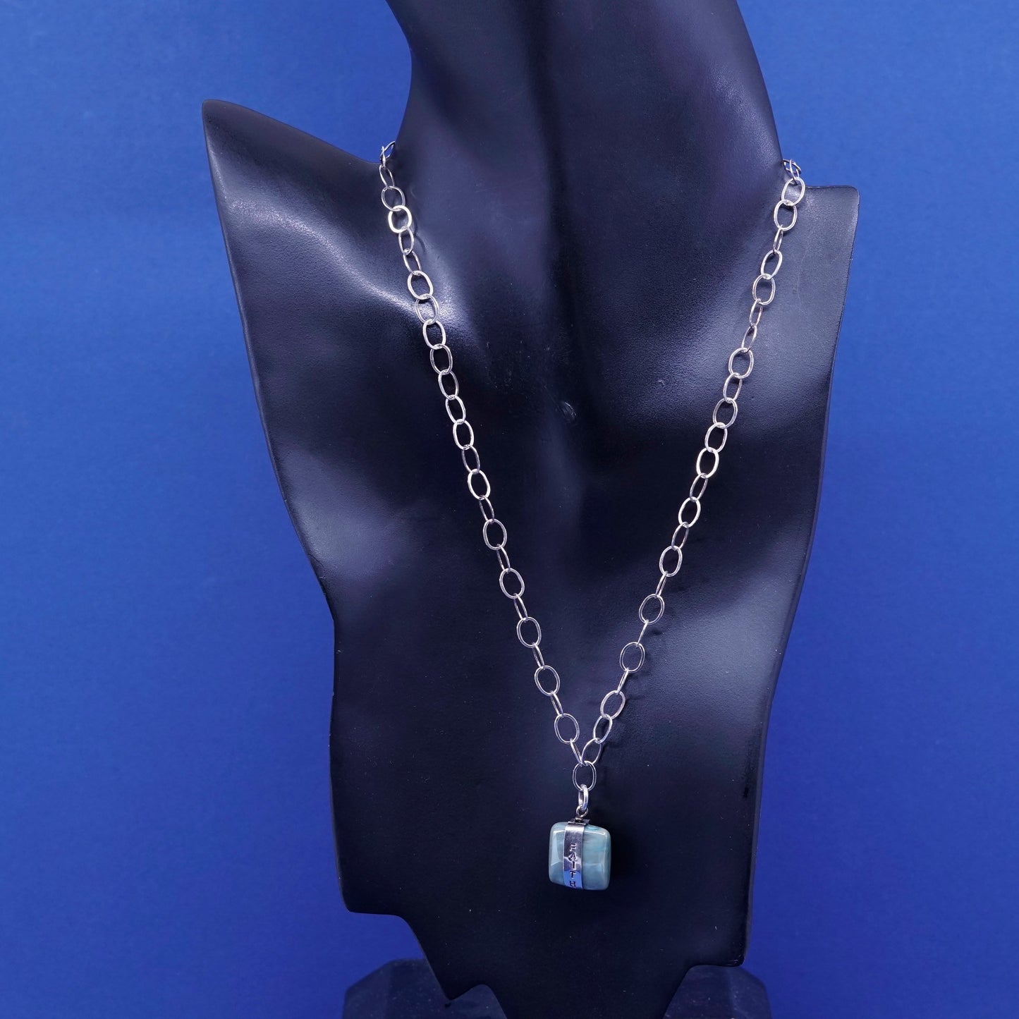 18”, Sterling silver handmade necklace, 925 circle chain w/ jade “faith”