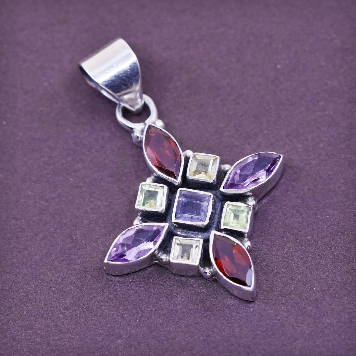 vtg Sterling 925 silver handmade pendant with ruby amethyst citrine and peridot
