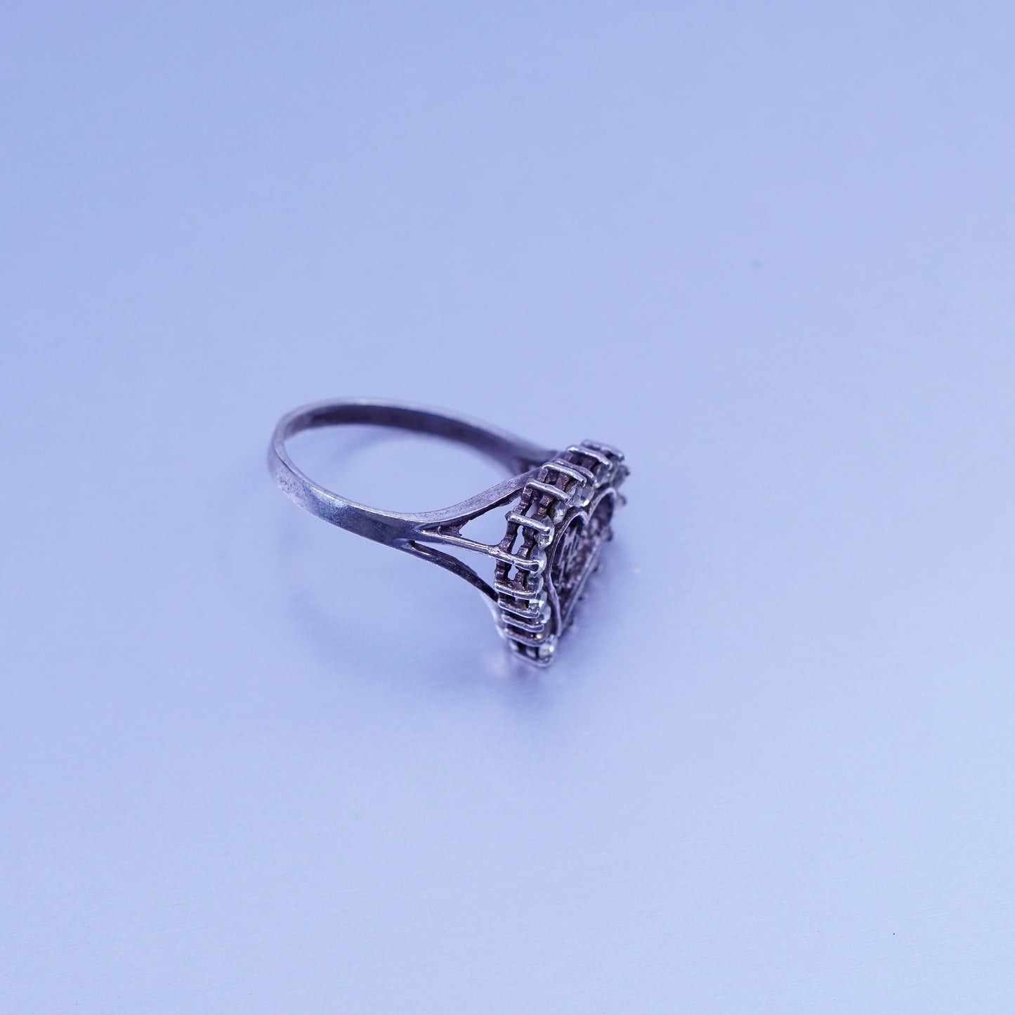 Size 7.5, vintage Avon Sterling 925 silver engagement ring with Cz and “mis 15”