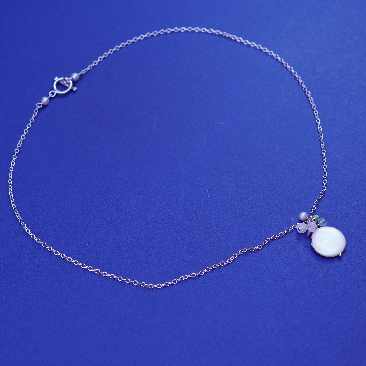 17”, vintage Sterling silver necklace, 925 circle chain with coin pearl pendant