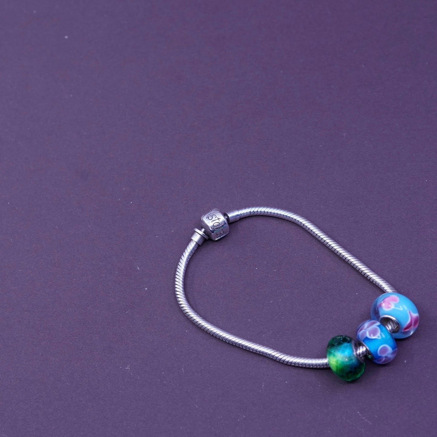 6.5”, sim stars sterling silver bracelet, 925 snake chain w/ Murano glass charm