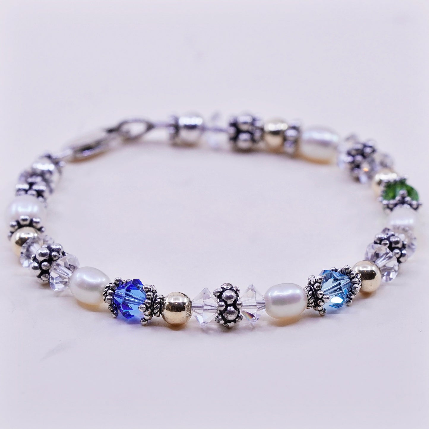 6.75”, Vintage handmade bracelet, pearl crystal with 14K gold beads