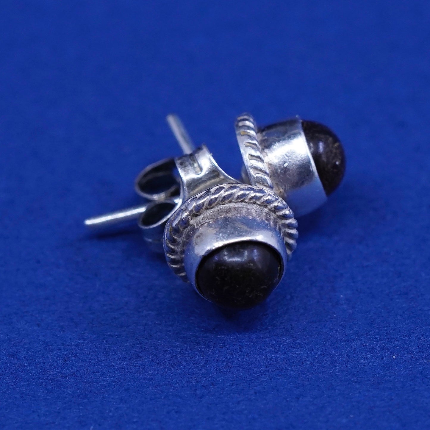 Vintage sterling silver handmade earrings, 925 studs with round amber