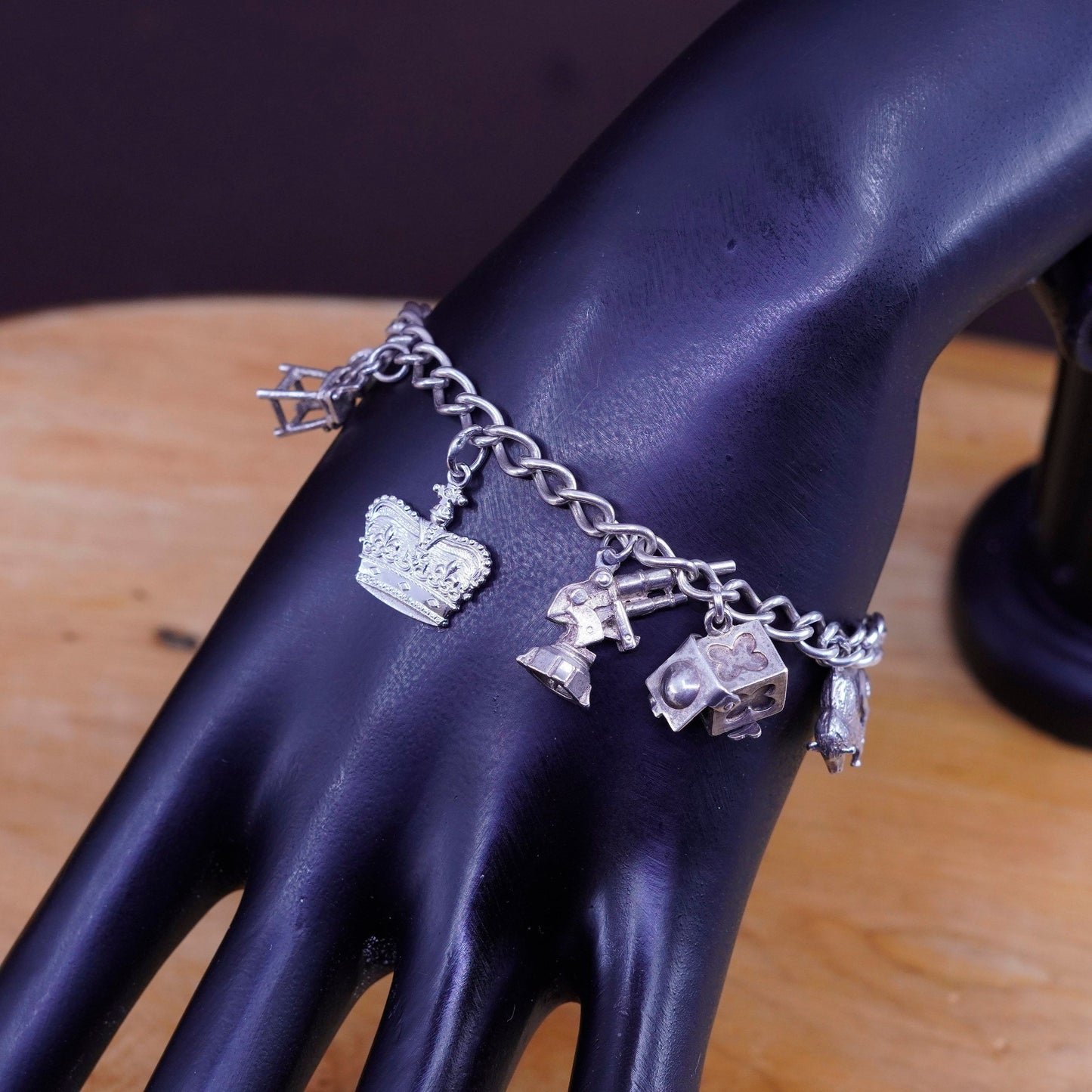 7”, 4mm, vintage Sterling silver handmade curb bracelet, 925 chain w/ 10 charms