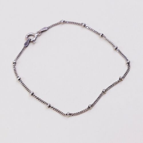 7.25”, 1mm, Vtg Sterling Silver bracelet, Italy Curb chain W/ Beads, Stamped 925