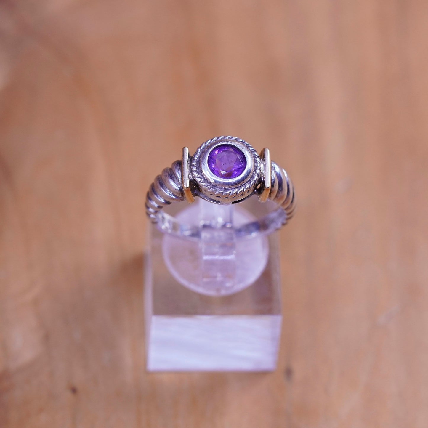 Size 8.25, 14K yellow gold with Sterling silver ring, 925 band with amethyst