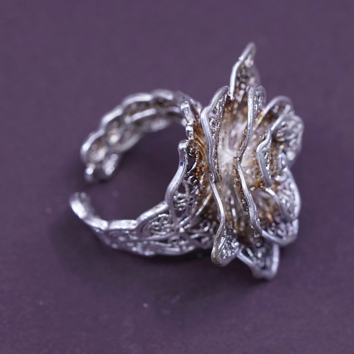 sz adjustable, vtg Sterling silver handmade cocktail ring, 925 filigree flower
