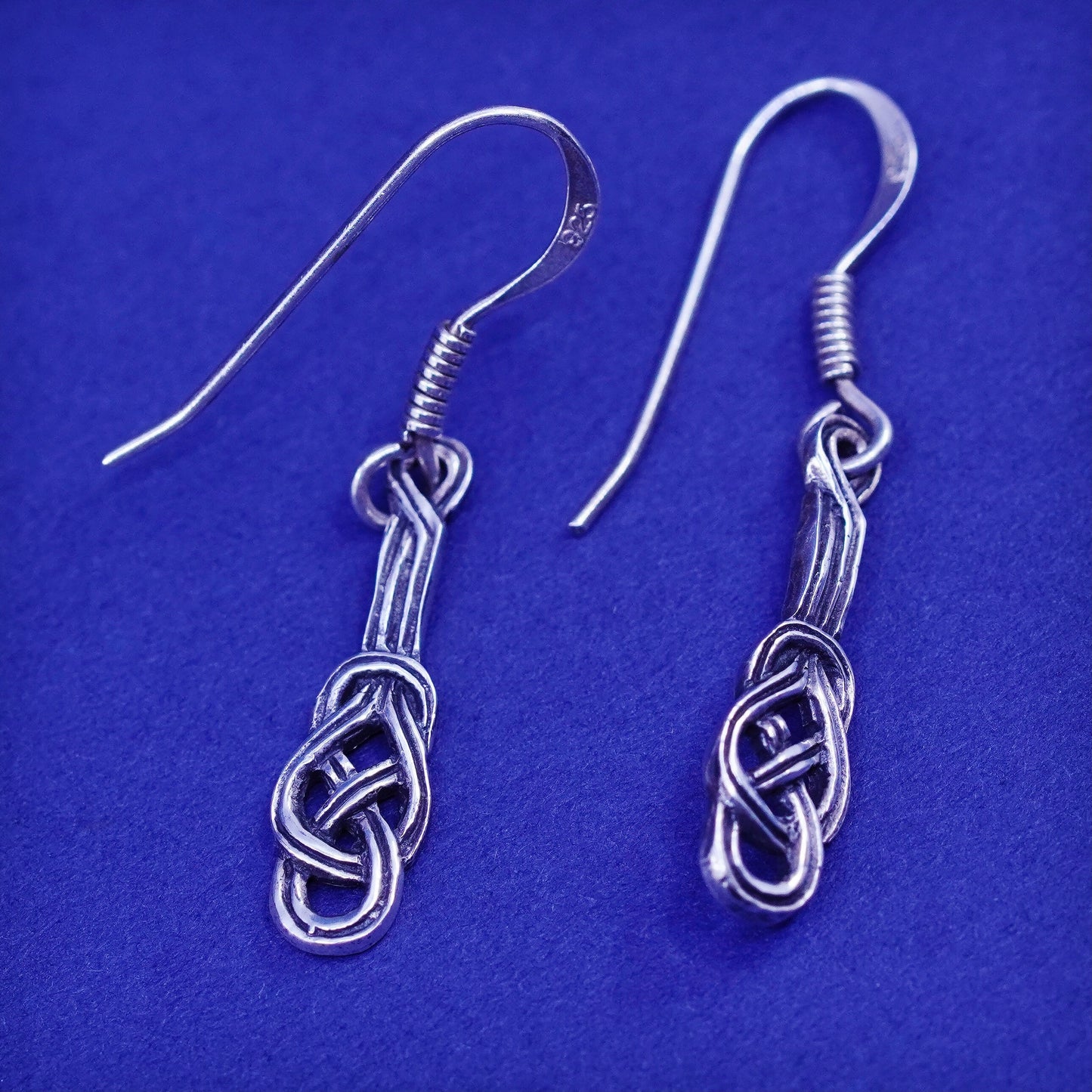 Vintage sterling silver handmade earrings, 925 filigree knot Irish drop