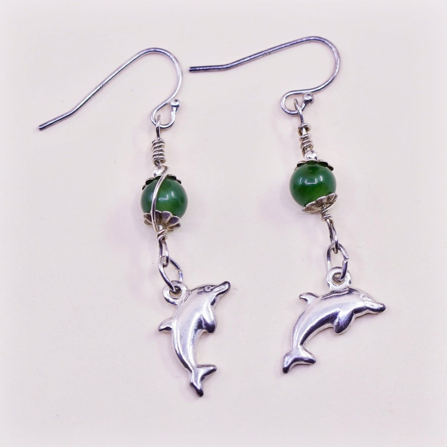 Vintage sterling 925 silver handmade dolphin drop earrings with jade bead