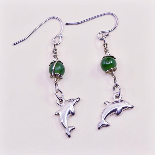 Vintage sterling 925 silver handmade dolphin drop earrings with jade bead