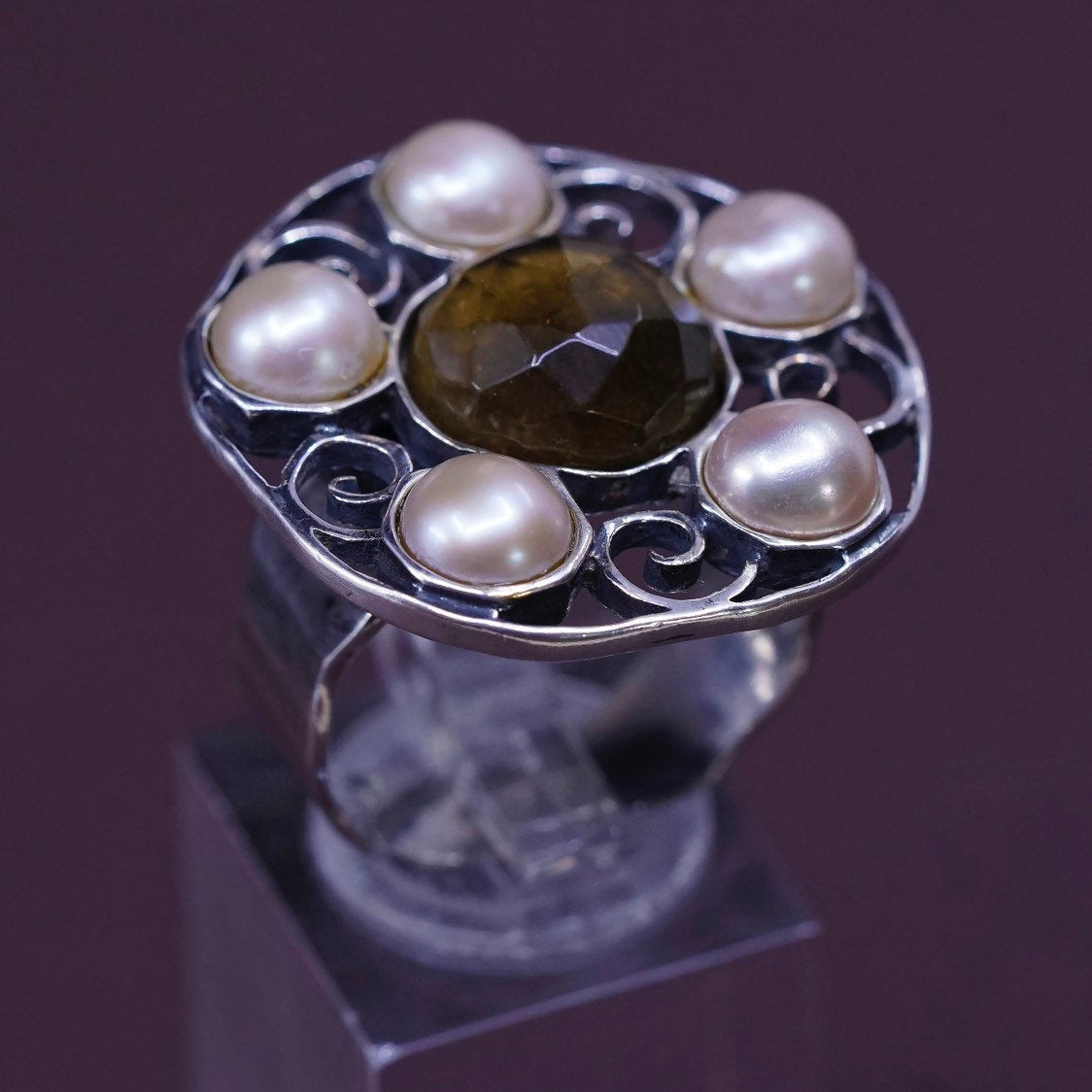 sz 9, JL Israel Sterling silver handmade ring, 925 flower w/ pear N smoky topaz