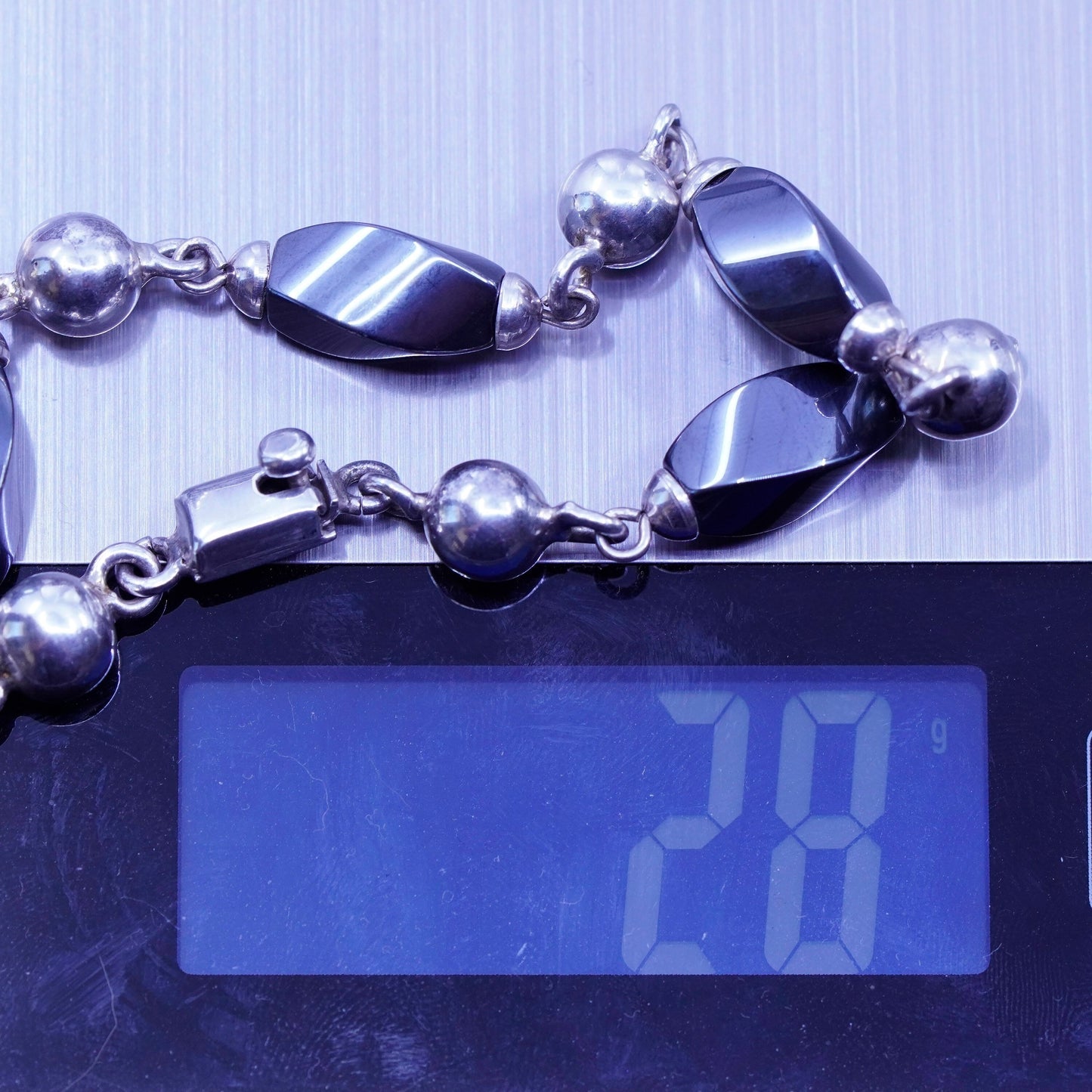 6.5”, vintage Sterling 925 silver handmade bracelet with hematite and beads
