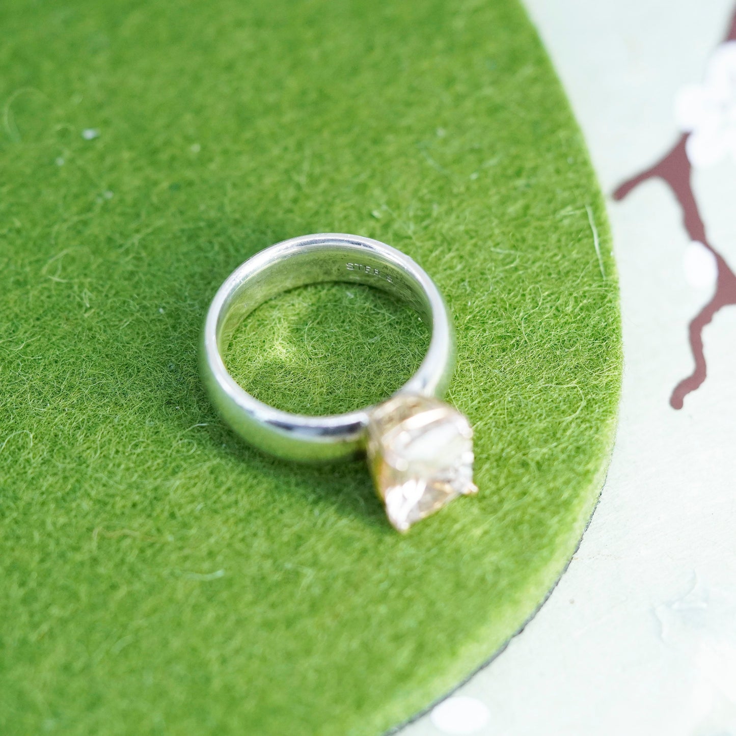 Size 7, VTG sterling 925 silver handmade pink crystal ring with 14K gold accent