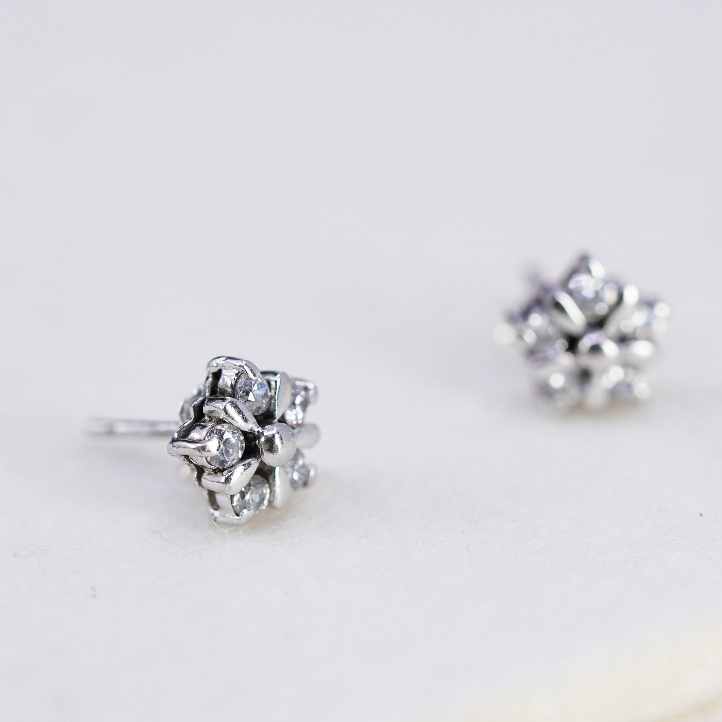 Vintage Sterling 925 silver handmade earrings, flower studs with cz
