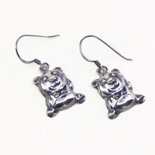 vtg Handmade Hammered Sterling 925 Silver Puffy Teddy Bear Earrings Dangles