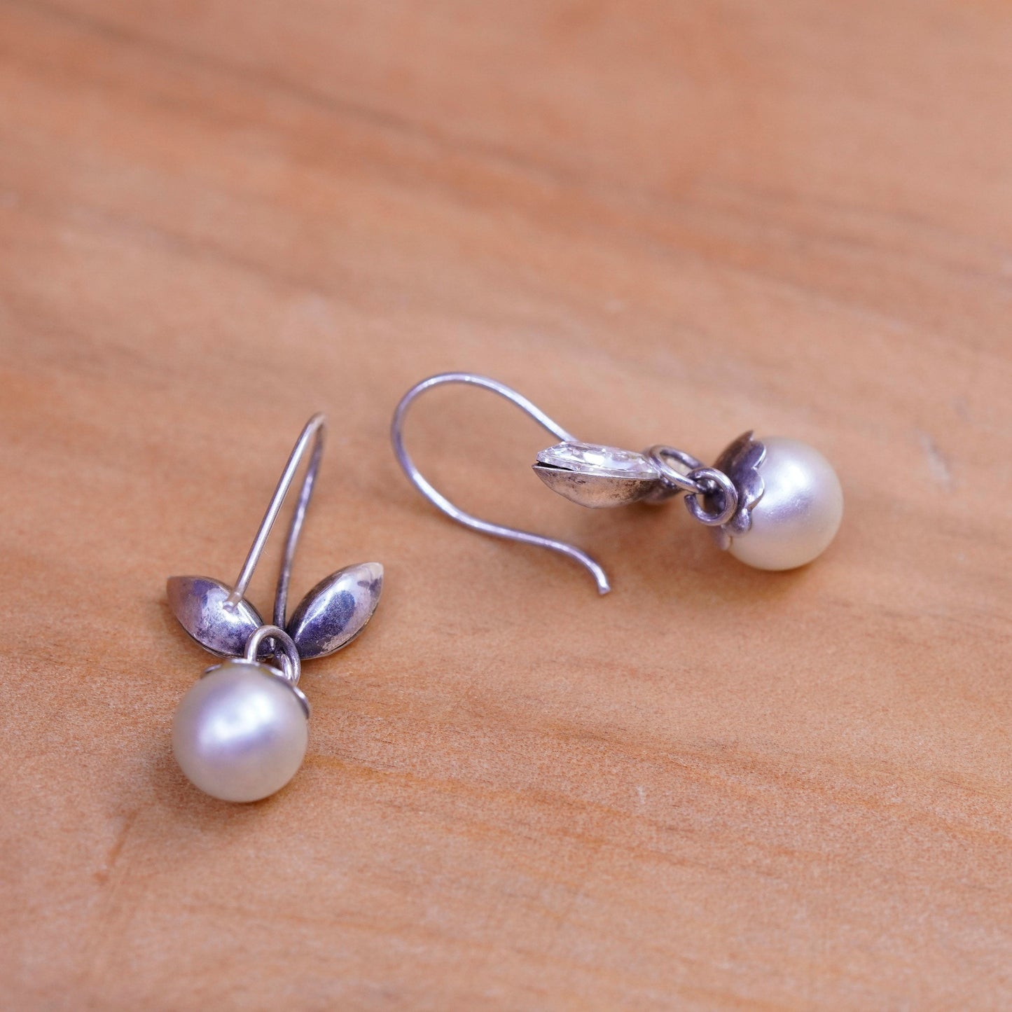 Vintage Sterling 925 silver handmade earrings with pearl and Cz, silver tested
