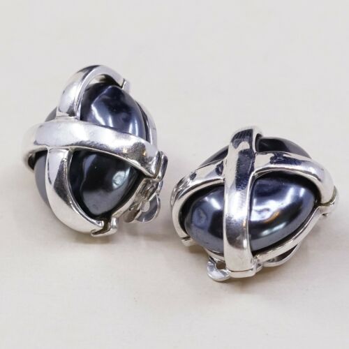 Vtg Carolee Sterling Silver Handmade Earrings,925 Clip On W/ Hematite N Cross