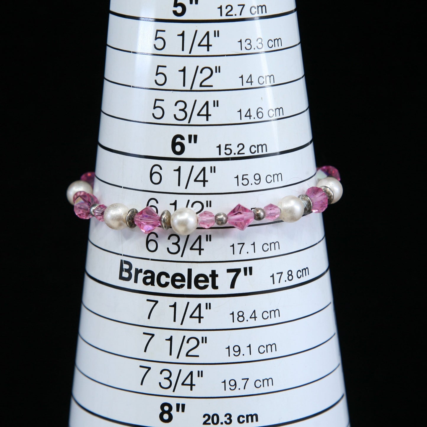 6.5”, VTG Sterling silver handmade bracelet, pearl beads w/ pink crystal