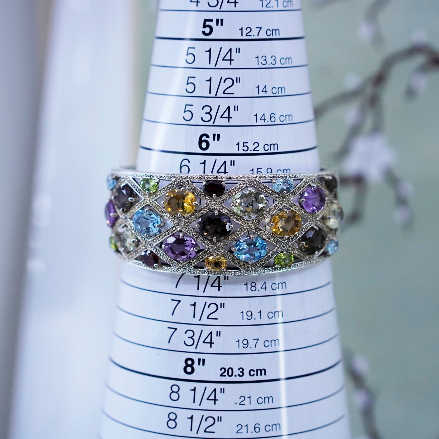 6.5”, vermeil gold Sterling silver bracelet, 925 filigree hinged cuff peridot
