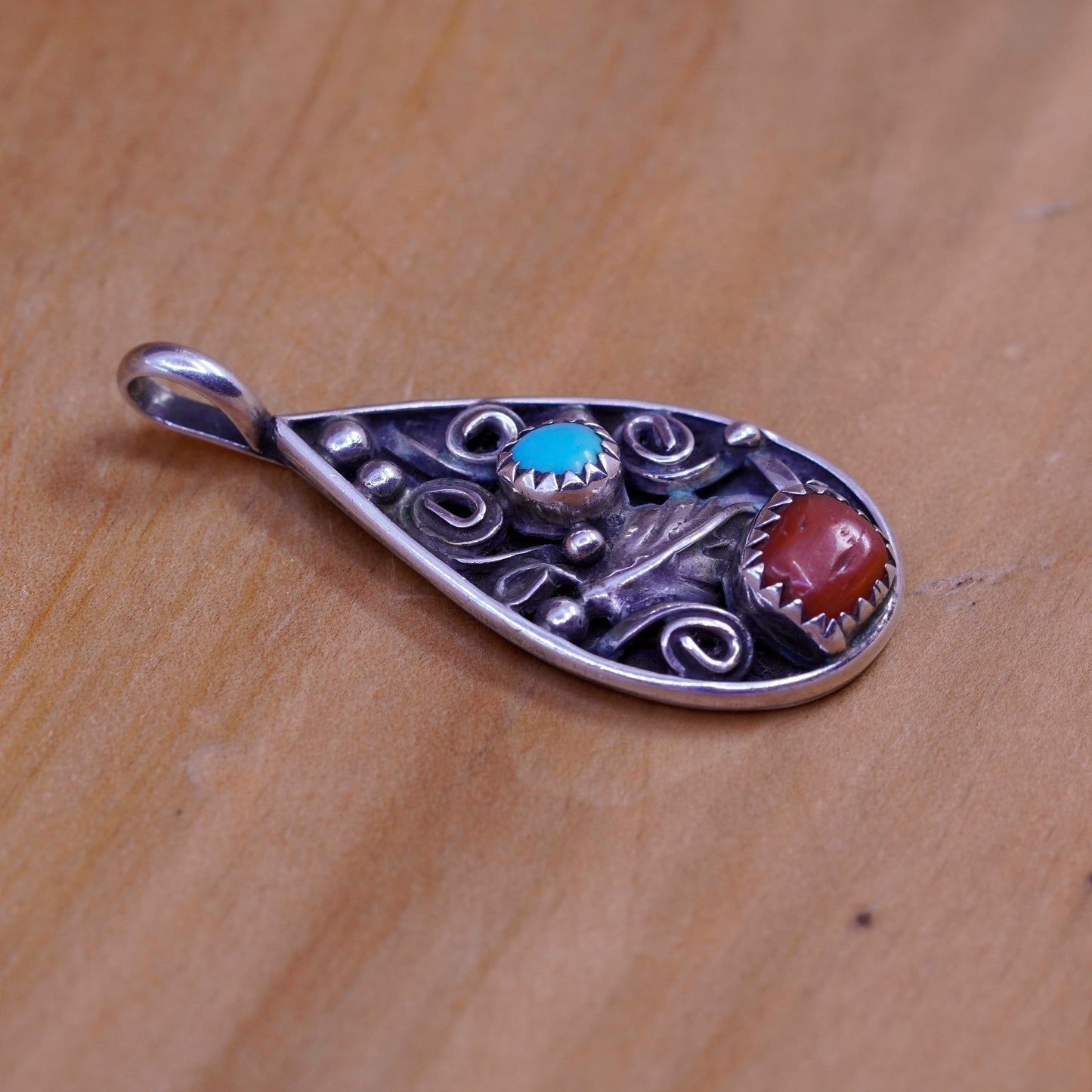 Native American Jeff Largo Sterling 925 silver teardrop pendant turquoise coral